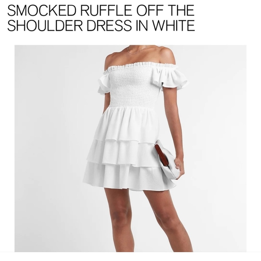 Express smocked mini dress white tiered layered skirt off the shoulder ruffle